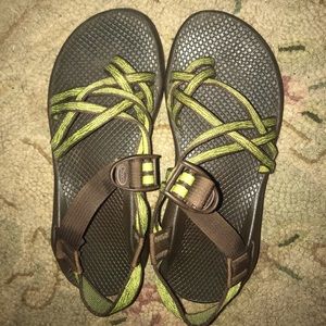 Green and brown chacos